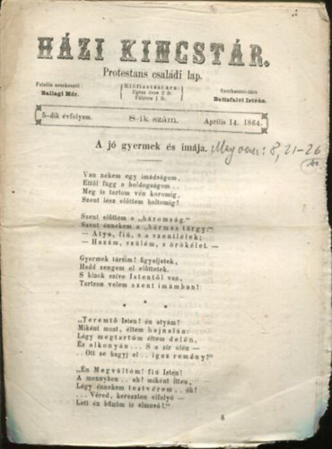 Batizfalvi István Ballagi Mór (szerk.) - Házi kincstár. Protestáns családi lap. 5-dik évfolyam. 8-ik szám. Aprilis 14. 1864.