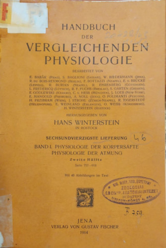 Hans Winterstein - Handbuch der Verlaeichenden Physiologie (sszehasonlt lettan kziknyve nmet nyelven)