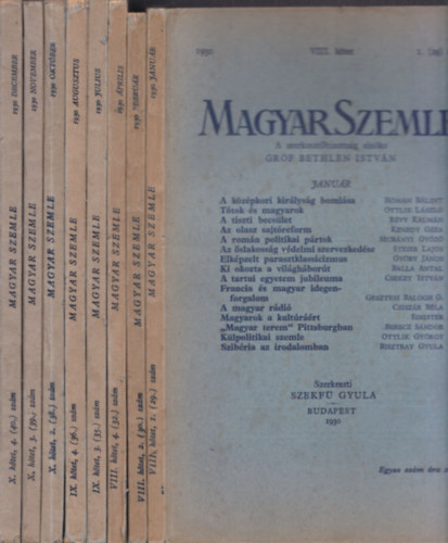 Bethlen Istvn grf - 8 db Magyar Szemle: 1930/janur+februr+prilis+jlius+augusztus+oktber+november+december