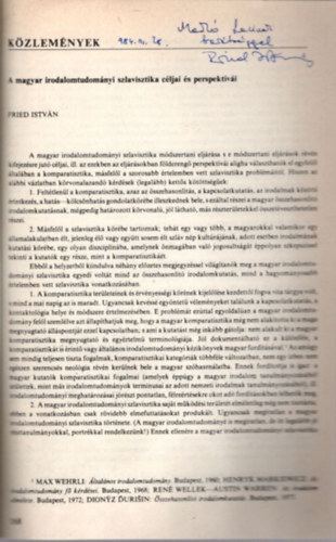 Fried Istvn - A magyar irodalomtudomnyi szlavisztika cljai s perspektvi - Folklr, folklorisztika s etnolgia 78. - dediklt - klnlenyomat