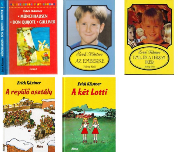 Az emberke+Emil és a három iker+A két Lotti+A repülő osztály+Münchhausen, Don Quijote, Gulliver (Klasszikusok fiataloknak)- 5 db könyv