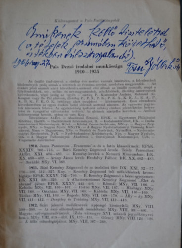Pais Dezs irodalmi munkssga 1910-1955