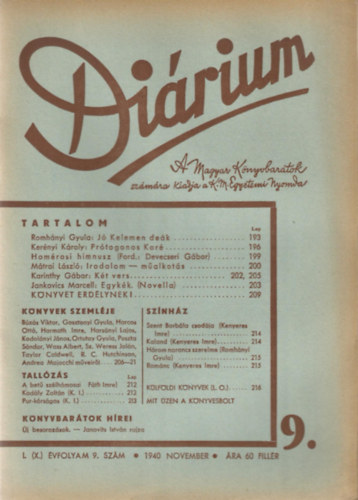 M�t� K�roly-Kenyeres Imre - Di�rium I. (X.) �vfolyam 9. Sz�m - 1940 November