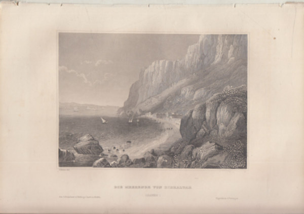 Die Meerenge von Gibraltar (A Gibraltár-szoros, Spanyolország, Európa) (16x23,5 cm lapméretű eredeti acélmetszet, 1856-ból)
