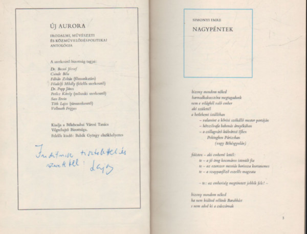 Tth Lajos  (Szerk.) - j Aurora -Irodalmi mvszeti s kzmveldspolitikai antolgia 2. szm