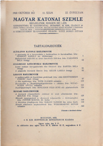Vitz Berk Istvn  (szerk.) - Magyar Katonai Szemle 1933 oktber h, 10. szm, III. vfolyam