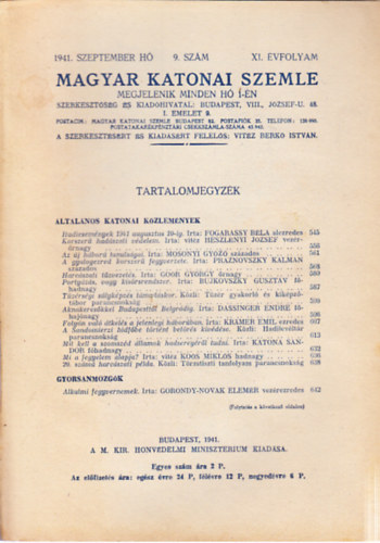 Vitz Berk Istvn  (szerk.) - Magyar Katonai Szemle 1941. szeptember (XI. vf, 9. szm)