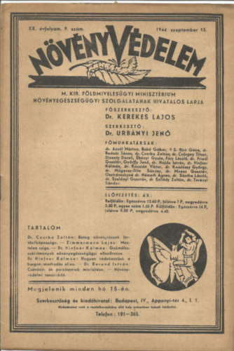 Dr. Kerekes Lajos; Dr. Urbnyi Jen - Nvnyvdelem XX. vfolyam 9. szm - 1944. szeptember 15.