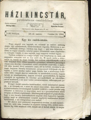 Gyrfs Ferenc Ballagi Mr  (szerk.) - Hzi kincstr. Protestns csaldi lap. 5-dik vfolyam. 21-ik szm. October 14. 1864.