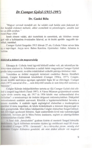 Dr. Gaskó Béla - Dr. Csongor Győző ( 1915-1997 ) Természettudományi Tanulmányok Studia Naturalia 1. - Különlenyomat