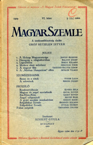 Magyar Szemle 1929. v VI-VII. ktet 3.(23,27) szm