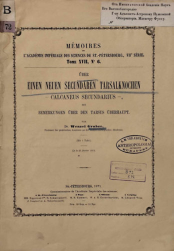 Wenzel Gruber - Über Einen Neuen Secundären Tarsalknochen - Calcaneus Secondarius -, Mit Bemerkungen Über Den Tarsus Überhaupt.