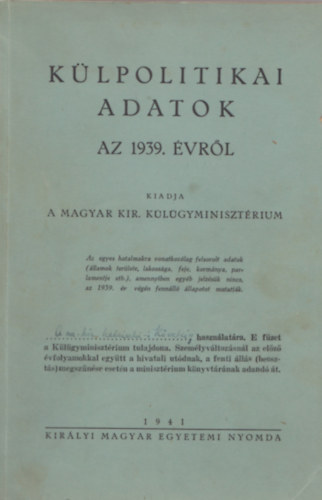 K�lpolitikai adatok az 1939. �vr�l