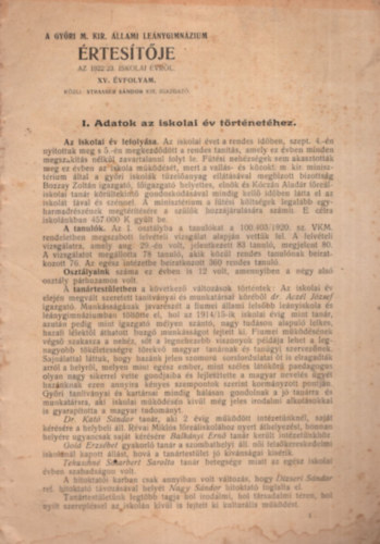 Strasser Sándor - A Győri M. Kir. Állami Leánygimnázium értesítője az 1922/23. iskolai évről