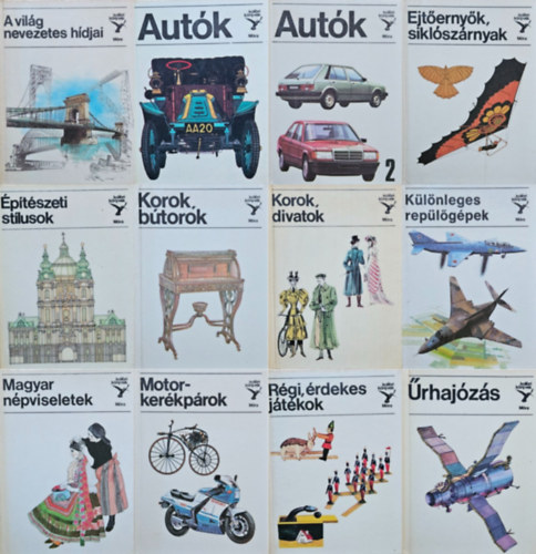Móra könyvkiadó - 12 db Kolibri könyvek: Autók 1-2. + Ejtőernyők, siklószárnyak + Építészeti stílusok + Régi, érdekes játékok + A világ nevezetes hídjai + Motorkerékpárok + Korok, bútorok + Korok, divatok + Különleges repülőgépek + Magyar