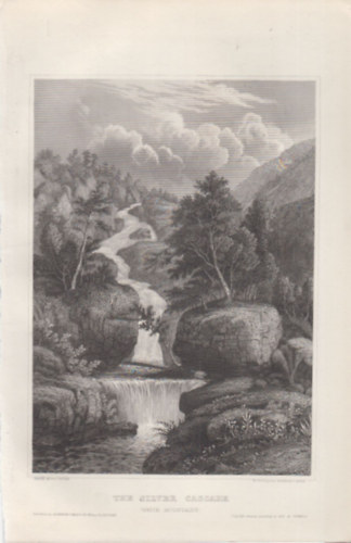 The Silver Cascade - White mountains (Silver Cascade vzess - Fehr-hegysg, New Hampshire, Amerikai Egyeslt llamok) (16x23,5 cm mret eredeti aclmetszet, 1856-bl)