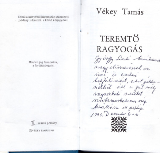 Vékey Tamás - Teremtő ragyogás- dedikált verskézirat + levél