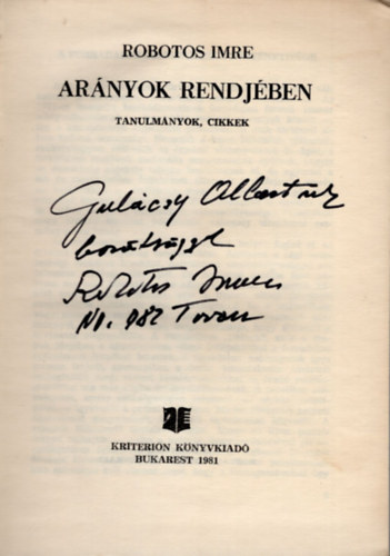 Robotos Imre - Arányok rendjében- Tanulmányok , cikkek- dedikált