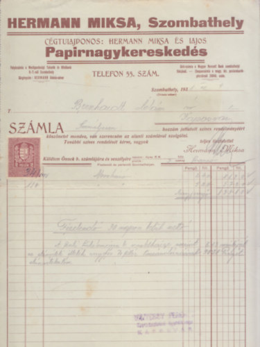 Szmla - Hermann Miksa Paprnagykereskeds (1931)