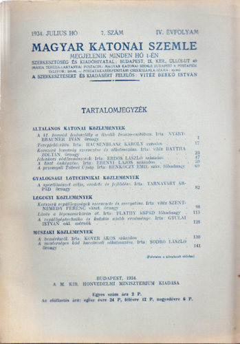 Vitz Berk Istvn  (szerk.) - Magyar Katonai Szemle 1934. jlius h, 7. szm, IV. vfolyam