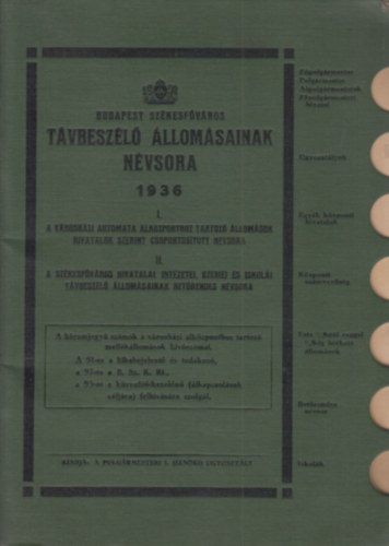 Budapest Sz�kesf�v�ros t�vbesz�l� �llom�sainak n�vsora 1936.