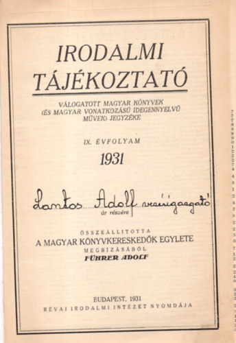 Irodalmi tjkoztat 1931. IX. vf