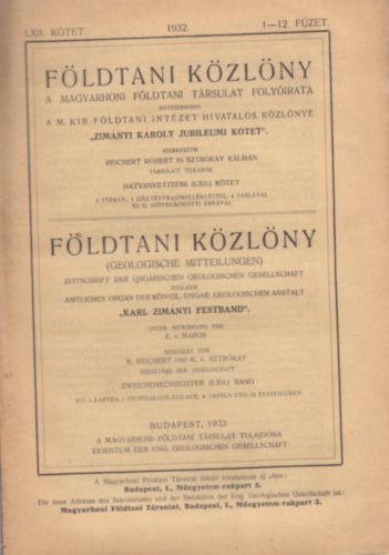 F�ldtani k�zl�ny 1932. LXII. k�tet 1-12. f�zet