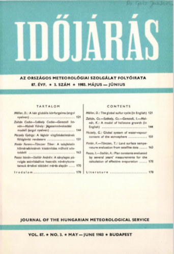 Lrincz Anna  (szerk) - Idjrs - Az Orszgos Meteorolgiai Szolglat Folyirata 87. vf. 3. szm (1983. mjus-jnius)