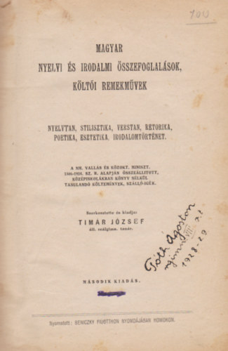 Timr Jzsef - Magyar nyelvi s irodalmi sszefoglalsok, s klti remekmvek