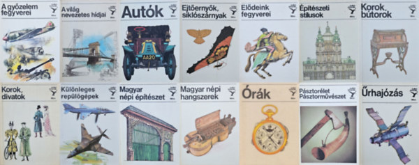 Mandel R�bert, S. Kov�cs Ilona, Nagy Istv�n Gy�rgy, Horv�th �rp�d, B�rth J�nos, S�rhidai Gyula, Mialkovszky Erzs�bet, Kiss �va, Kel�nyi Gy�rgy, T�th Lor�nd, B�li Matthaeidesz Konr�d - 14 db a Kolibri k�nyvek sorozatb�l: A gy�zelem fegyverei + A vil�g nevezetes h�djai + Aut�k + Ejt�erny�k, sikl�sz�rnyasok + El�deink fegyverei + �p�t�szeti st�lusok + Korok, b�torok + Korok, divatok + K�l�nleges rep�l�g�pek + Mag