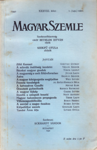 Bethlen Istv�n gr�f - Magyar Szemle 1940. janu�r XXXVIII. k�tet 1. (149.) sz�m