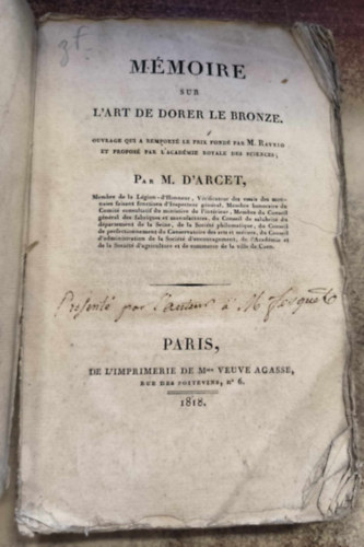 Mmoire sur l'art de dorer le bronze ("rtekezs a bronz aranyozsnak mvszetrl") (1818)