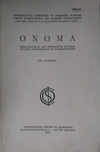 ONOMA Vol. XI. (1964/65.) In memoriam Stefan Kniezsa (1898-1965)