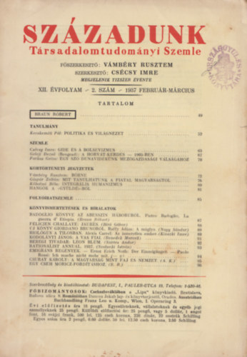 Cscsy Imre  (szerk.) Vmbry Rusztem (szerk.) - Szzadunk - Trsadalomtudomnyi szemle (XII. vf., 2. szm - 1937 februr-mrcius)