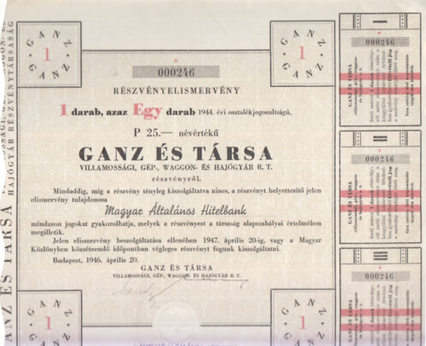 Részvényelismervény 1 db. Ganz és Társa Villamossági, Gép-, Waggon- és Hajógyár R.T részvényről (történelmi értékpapír, eredeti)