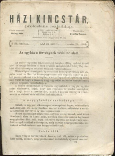 Gyrfs Ferenc Ballagi Mr  (szerk.) - Hzi kincstr. Protestns csaldi lap. 5-dik vfolyam. 22-ik szm. October 28. 1864.