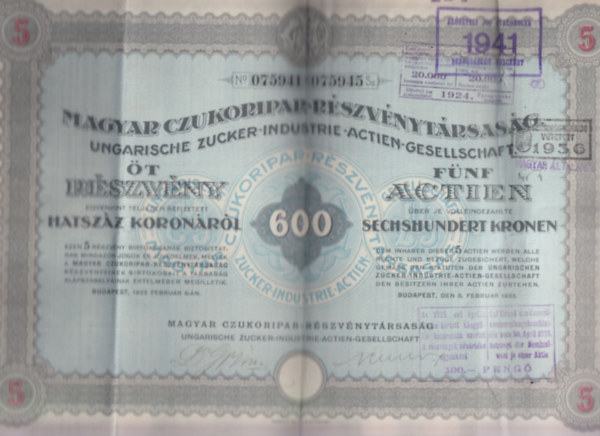Magyar Czukoripar-R�szv�nyt�rsas�g (t�rt�nelmi �rt�kpap�r, eredeti)
