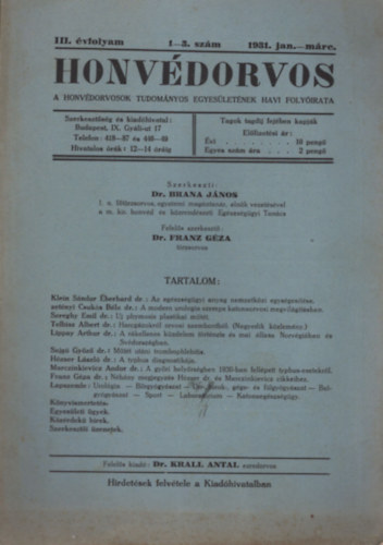 dr. Brana J�nos - Honv�dorvos  1931. �vfolyam ( 3 db egy�tt ) III. �vfolyam 1-3, 7-9, 10-12. sz�mok