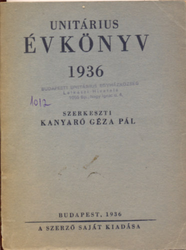 Kanyar� G�za P�l - Unit�rius �vk�nyv 1936