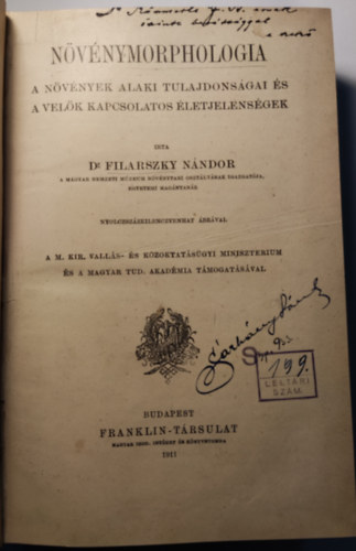 Dr. Filarszky Nndor - Nvnymorphologia - A nvnyek alaki tulajdonsgai s a velk kapcsolatos letjelensgek. Nyolczszzkilenczvenhat brval