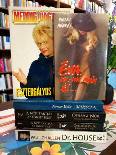 Esztergályos Cecília, Norman Mailer, Sillár Emőke , Paul Challen Mezei András (ford.) - Életrajz, tényirodalom, riport könyvcsomag 5 darabos KÖNYVMENTŐ AJÁNLAT: Éva, sok-sok Ádám és..., Meddig vagyok?, Marilyn, A nők tartják az égbolt felét - Őfelsége Núr Jordánia Királynéja I-II., Dr. House - főszerepben Hugh Lauri