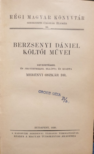 Mernyi Oszkr dr.  (szerk.) - Berzsenyi Dniel klti mvei