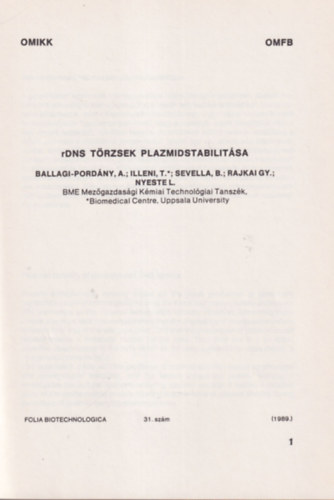 Fazekasn Horvth Zsuzsanna - rDNS trzsek plazmidstabilitsa - Folia biotechnologica 31. sz.