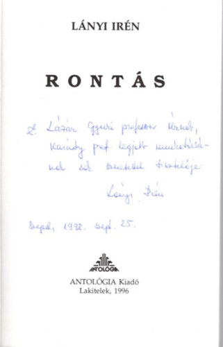 Lányi Irén - Rontás - dedikált
