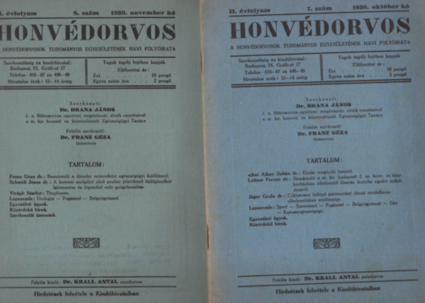 Dr. Ajkay Zoltán - Honvédorvos 1929. I. évfolyam 1., 4., 9., 12. számok (4 db)