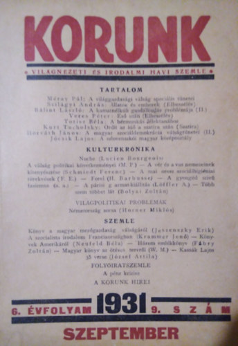 Gal Gbor  (szerk.) - Korunk - Vilgnzeti s irodalmi havi szemle 1931. 9. + 10. szm