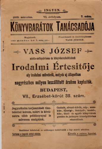 Vass Jzsef - Knyvbartok Tancsadja- Vass Jzsef minta-antiquriuma s knvykereskedsnek  Irodalmi rtesitje 1899. mrcius 7. szm