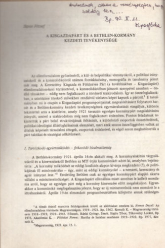 A Kisgazdap�rt �s a Bethlen-korm�ny kezdeti tev�kenys�ge - K�l�nlenyomat - dedik�lt