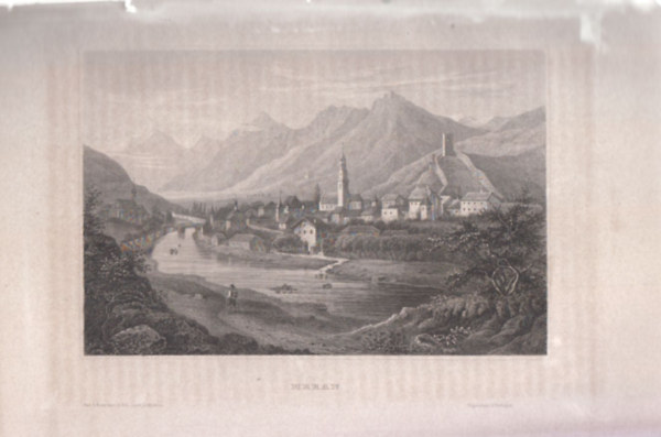 Meran (város, Észak-Olaszország, Európa) (16x23,5 cm lapméretű eredeti acélmetszet, 1856-ból)