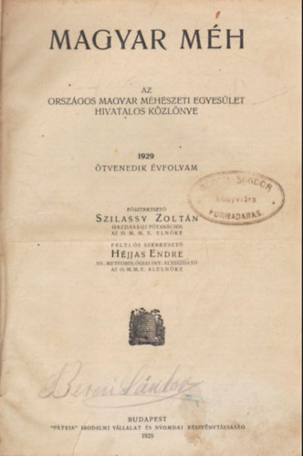 Hjjas Endre  (szerk.) Szilassy Zoltn (fszerk.) - Magyar mh 1929-1930. - tvenedik s tvenegyedik fvolyamok egyben